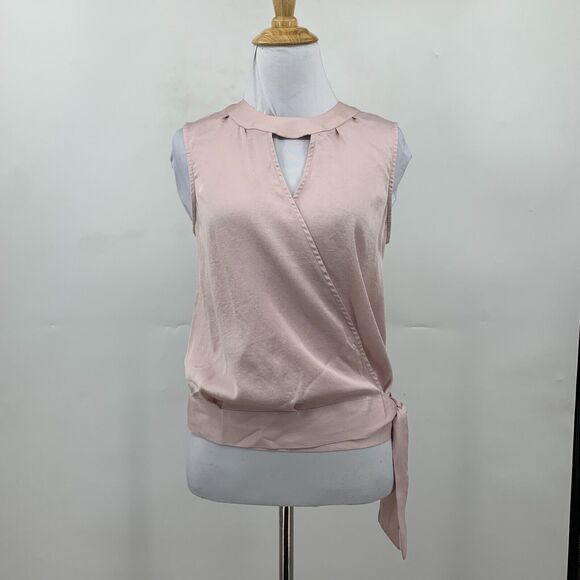 Express Highneck Wrap Satin Blouse Womens XS Extra Small Ballet Pink Keyhole - Picture 2 of 12